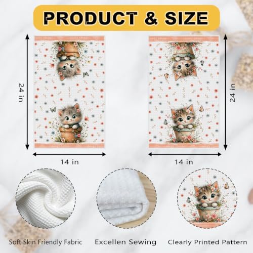 2 Pcs Cute Cat Kitchen Towels, Cat Theme Soft Absorbent Hand Tea Towels 05 - Image 3
