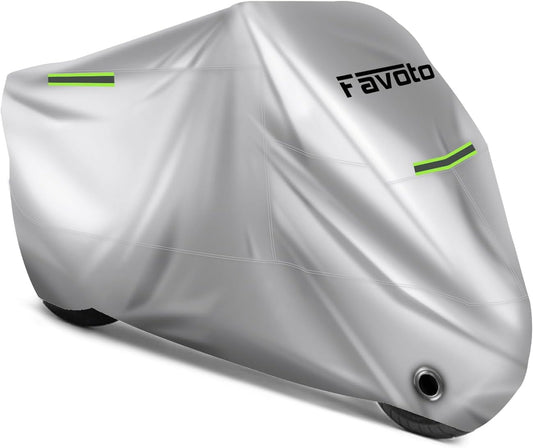 Favoto Motorcycle Cover Waterproof Outdoor - Cool Silver Color UV Protection with Reflective Strip Windproof Buckle Lock-Hole Storage Bag Fit 104 inch Vehicle Motorbikes