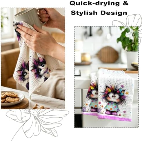 2 Pcs Funny Cat Kitchen Towels, Cat Theme Soft Absorbent Hand Tea Towels 01 - Image 6
