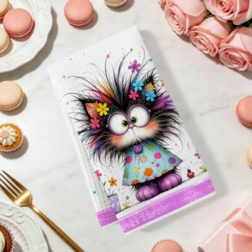 2 Pcs Funny Cat Kitchen Towels, Cat Theme Soft Absorbent Hand Tea Towels 01 - Image 2