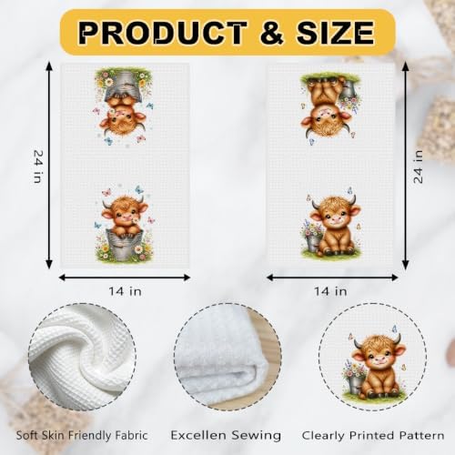 2 Pcs Cute Highland Cow Kitchen Towels, Cows Soft Absorbent Hand Towels 04 - Image 3