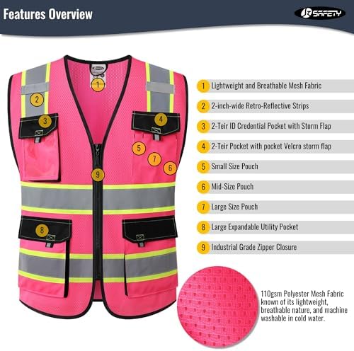 JKSafety Safety Vest for Men Women Hi Vis Reflective Vest JK220 Pink L - Image 4