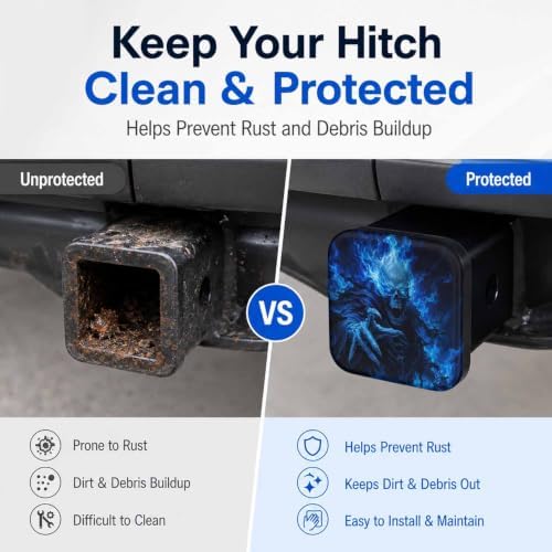 Hitch Cover Receiver Tube Hitch Plug Blue Fire Skeleton Skulls, Tool-Free - Image 5