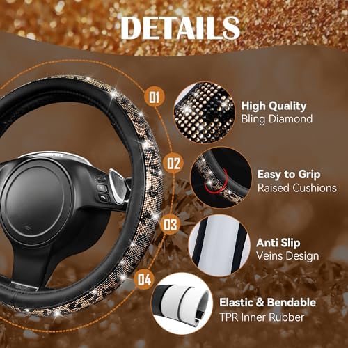 CAR PASS Bling Diamond Steering Wheel Cover Leopard Pattern, Sparkly Crystal - Image 5