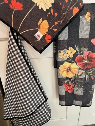 Cerise Black Floral Kitchen Towels, Waffle Weave Microfiber, 3 Pack - Image 5