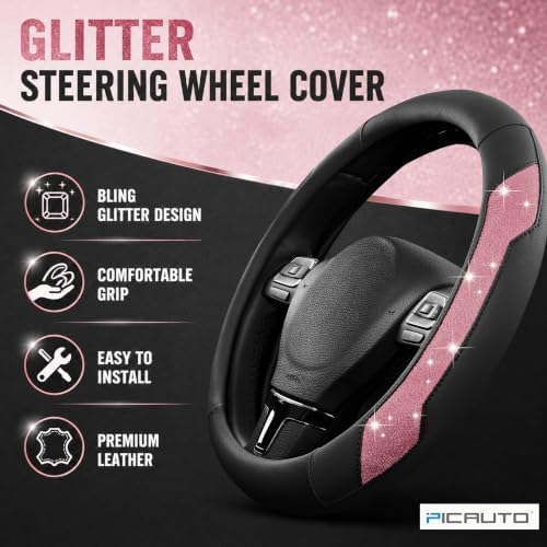PIC AUTO Steering Wheel Cover, Hot Pink Sparkly Crystal Bling Glitter - Image 2