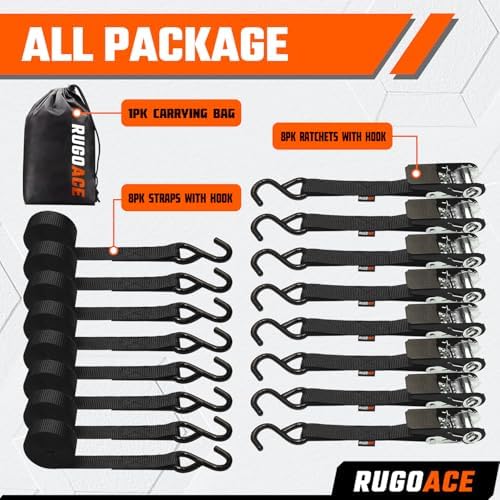 Ratchet Tie Down Straps 1in x 10ft 900 lbs Break Strength 8PK Black RUGOACE - Image 5