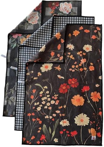 Cerise Black Floral Kitchen Towels, Waffle Weave Microfiber, 3 Pack by CERISE