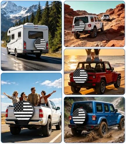 RV Spare Tire Cover Black White Vintage American Flag 14in Universal Fit - Image 6