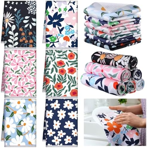 Boyiee Set of 6 Spring Waffle Kitchen Towels Floral Waffle Weave Tea Dish by Boyiee