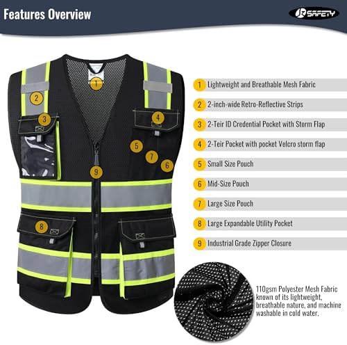 JKSafety Safety Vest for Men Women Hi Vis Reflective Vest JK220 Black 2XL - Image 4