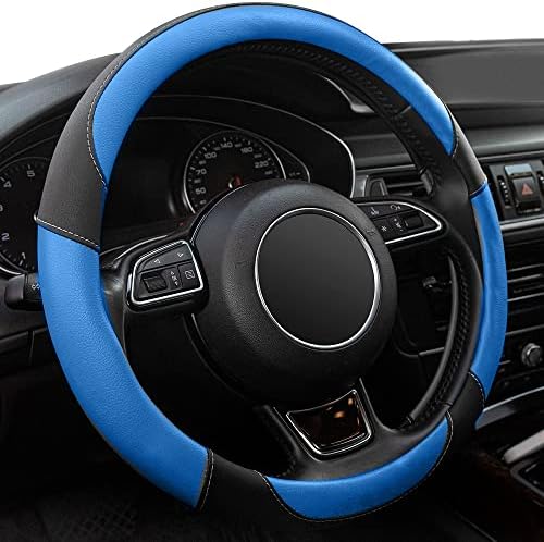 Black and Blue Microfiber Leather Steering Wheel Cover，Universal 15 inch by Xizopucy