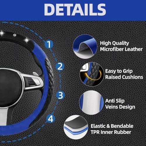 NBTEPEM 10 Pcs Bling Blue Car Floor Mats Set, Leather Blue Steering Wheel - Image 2