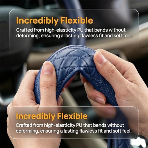 Zpana 14.5-15" Car Steering Wheel Cover, Breathable Soft Leather, Dark Blue - Image 3