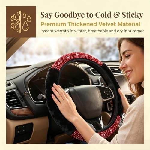 Bling Steering Wheel Cover Fluffy Red Rhinestone - Image 3