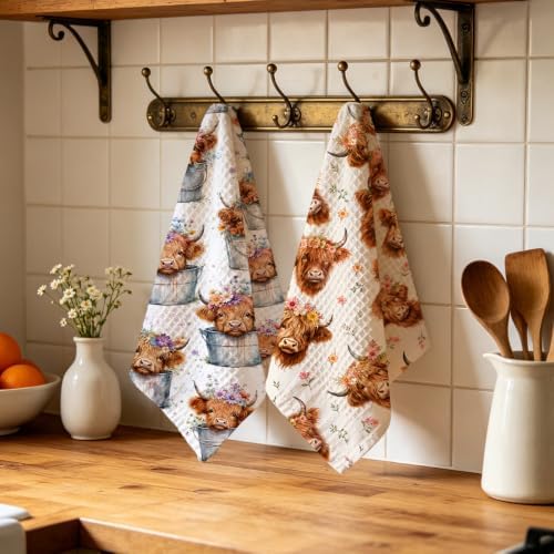2 Pcs Cute Highland Cow Kitchen Towels, Cows Soft Absorbent Hand Towels 03 - Image 4