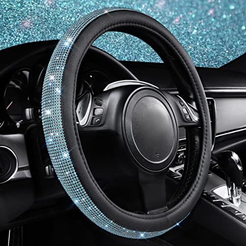 CAR PASS Mint Diamond Black Leather Steering Wheel Cover, Bling Blue Crystal - Image 2