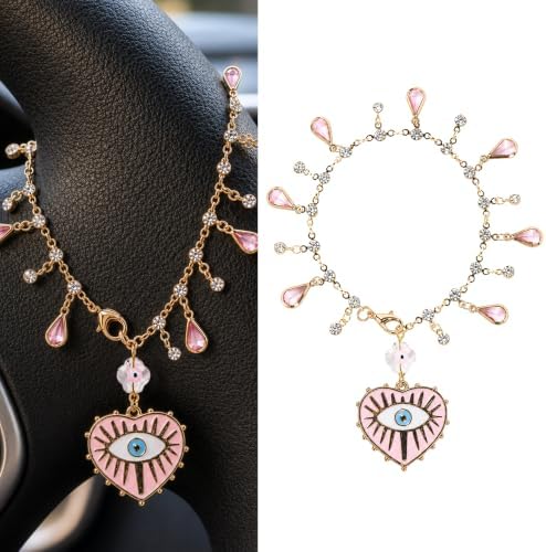 Pink Evil Eye Tassel Car Charm, Rear View Mirror Pendant by CRASHOT