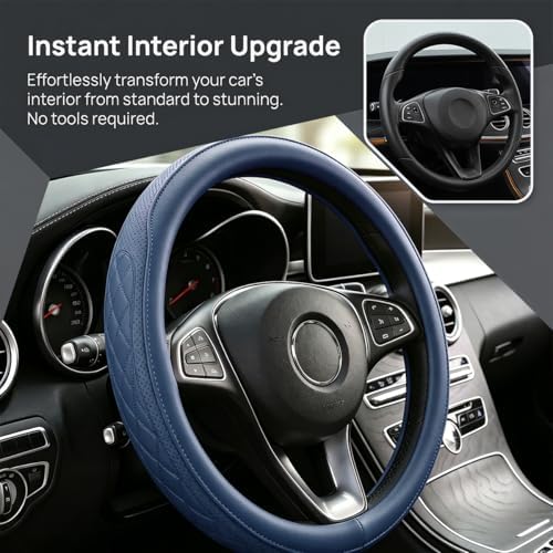 Zpana 14.5-15" Car Steering Wheel Cover, Breathable Soft Leather, Dark Blue - Image 2