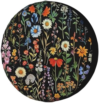 Black Boho Floral Spare Tire Cover Dust-Proof Wheel Tire Cover Fit Trailer by Foruidea