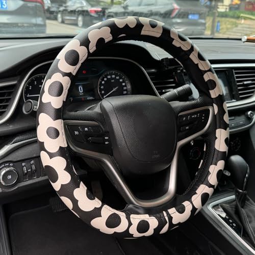 Vintage Groovy Flowers Car Leather Steering Wheel Cover by Naxizo