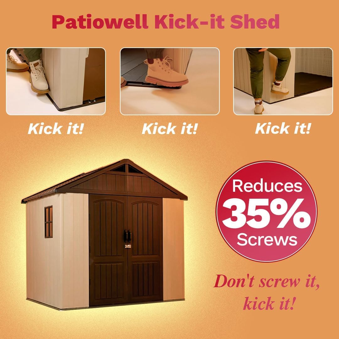 Patiowell 8 x 6 FT Plastic Outdoor Storage Shed with Floor, Resin Shed with Window and Lockable Door for Garden, Backyard, Tool Storage Use, Easy to Install in Beige (Kick-it Shed)