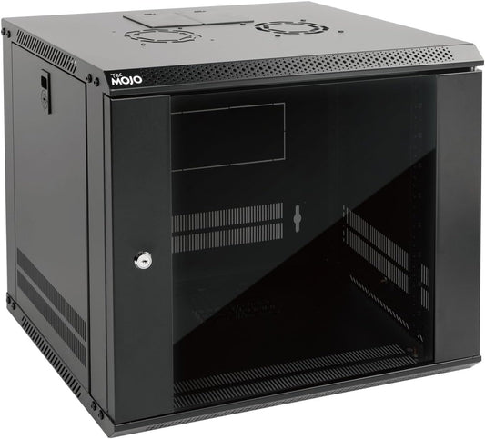 Tecmojo 9U Wall Mount Server Cabinet IT Network Rack Enclosure Lockable Door and Side Panels Black,Cooling Fan, Glass Door, 17.7inch Depth,for 19” IT Equipment, A/V Devices