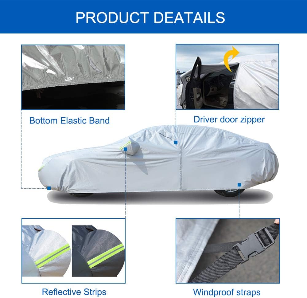 KouKou 6 Layers Car Cover Waterproof All Weather for Automobiles, Full Exterior Covers Universal Fit Sedan Lexus ES350 LS400, Lincoln MKZ MKS, Tesla Model S, BMW 750i, etc.(Length 208 inches)