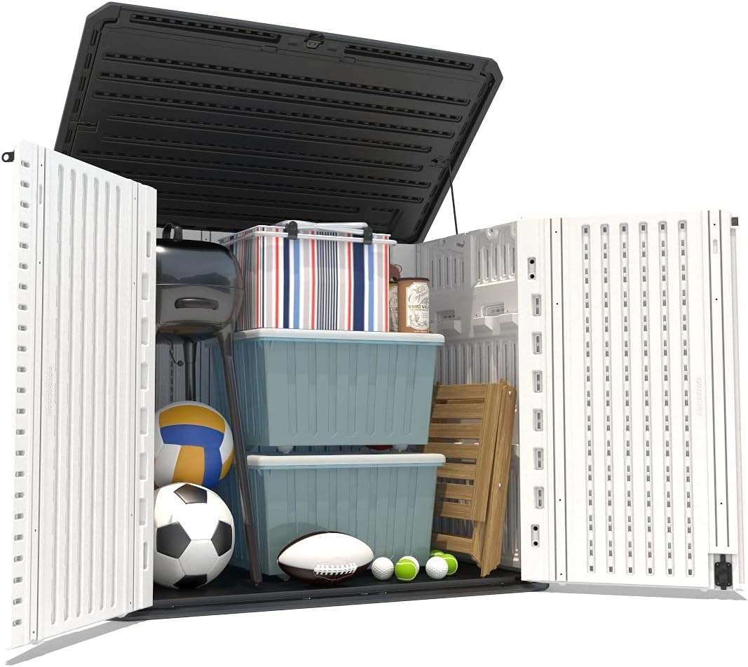 HOMSPARK Storage Shed Weather Resistance, Multi-Purpose Outdoor Storage Cabinet for Backyards and Patios, Horizontal Storage Shed for Lawnmower, Patio Accessories (White 1, Large - 26 cu.ft)