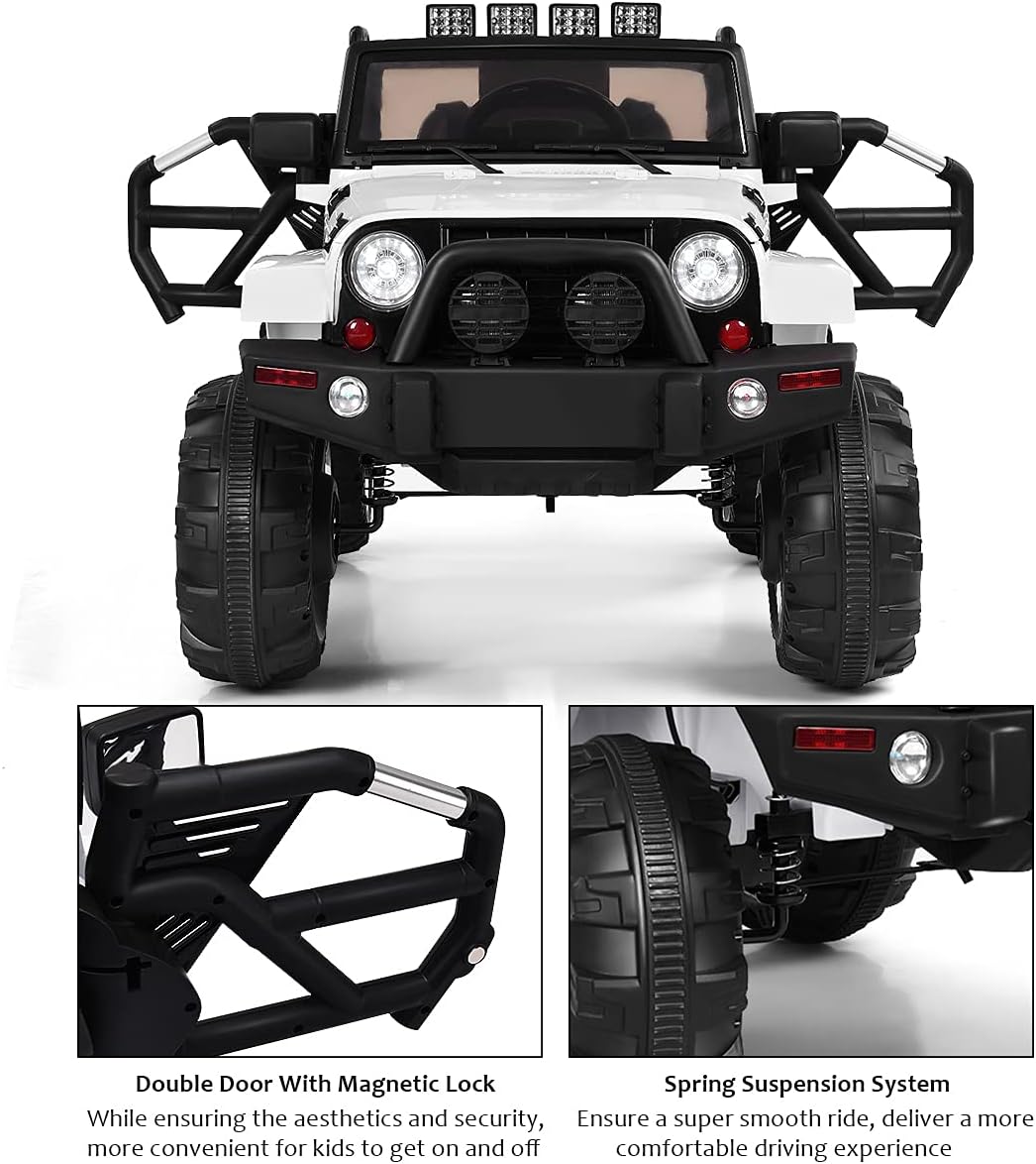 Costzon Ride On Car, 12V Battery Powered Electric Ride On Truck w/Parental Remote Control, LED Lights, Double Doors, Safety Belt, Music, MP3 Player, Spring Suspension (White)