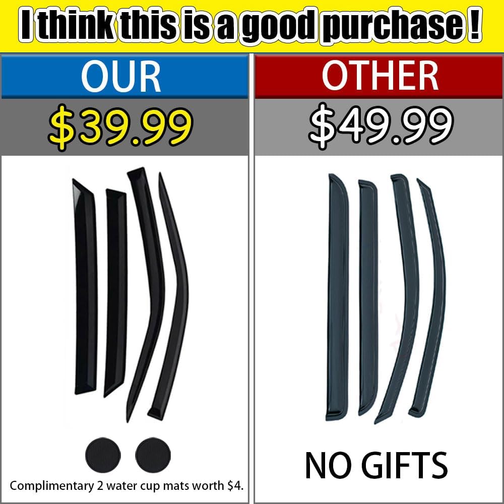 Rain Guards for Kia Soul 2014-2019, Tape-on Side Window Deflectors for Kia Soul, Window Visors for Kia Cars, for Kia Car Accessories 4 Rain Guards ＆ 2 Car Coasters