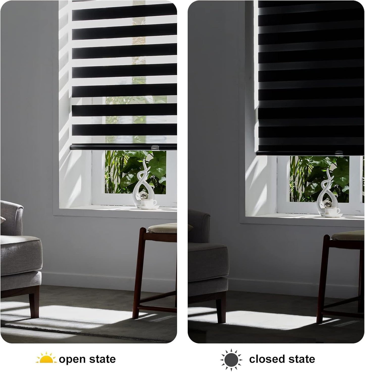 Persilux Cordless Zebra Blinds for Windows (35" W X 47" H, Black) Free-Stop Dual Layer Roller Windows Shades for Day and Night, Light Filtering Sheer Shades for Home, Easy to Install