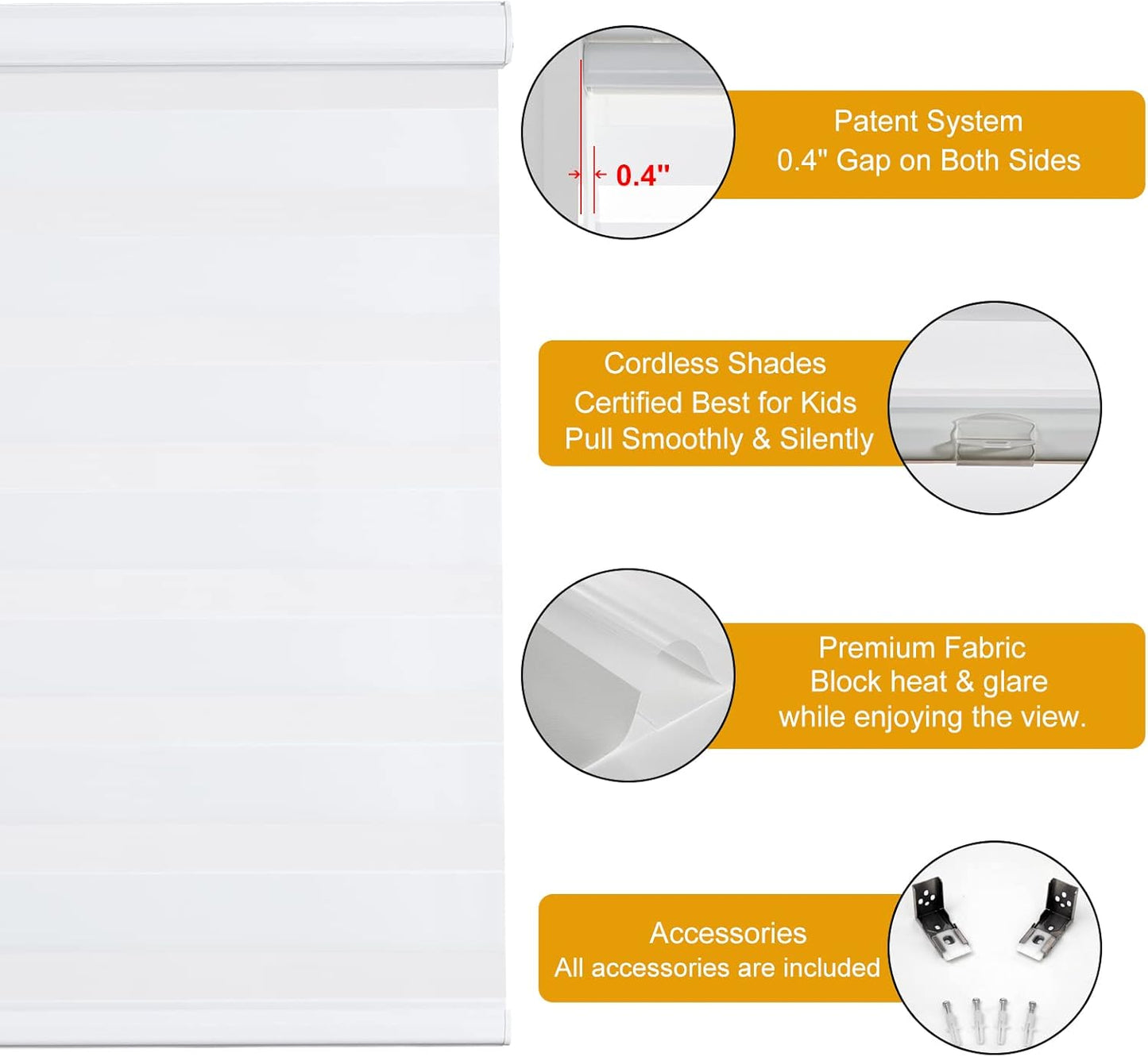 Persilux Cordless Zebra Blinds for Windows, Light Filtering Roller Shades for Windows (16" W x 72" H, White) Light Control for Day and Night, Sheer Shades for Home, Office, Bedroom and Bathroom