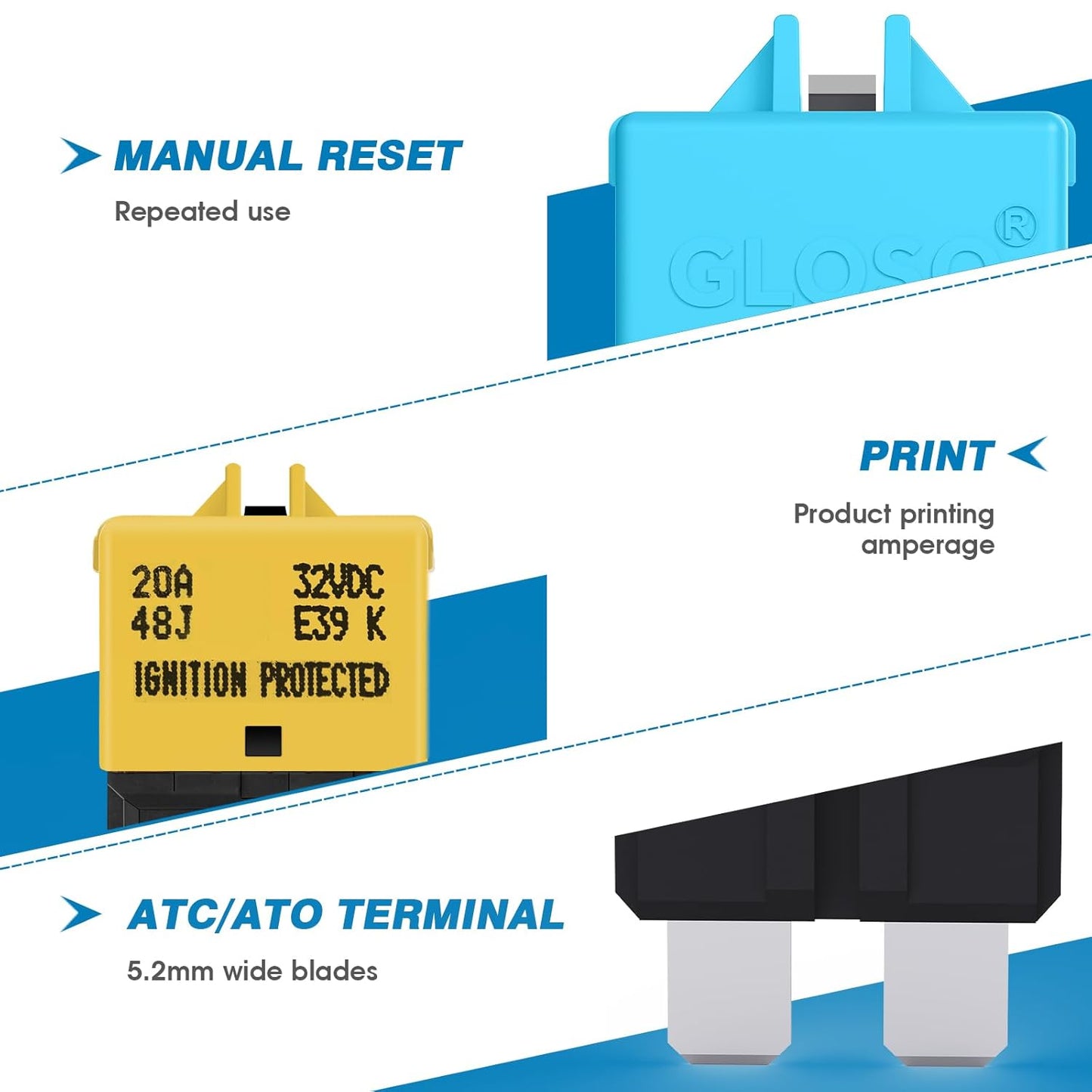 GLOSO Circuit Breaker Fuse E39 (T3) Manual Reset for Car Truck RV Automotive Marine Boat Trolling Motor & Custom Wiring Audio Battery Protection/Low Profile ATC/ATO (25A - 3 Pack)