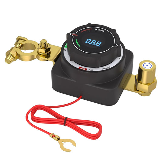 MaySpare Top Post Battery Disconnect Switch with Digital Voltage Display, DC 5-80V On Off Kill Switch, Voltmeter Power Cut Master Disconnect Isolator for Car RV Marine Boat Camper Truck Trailer