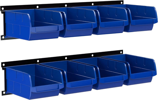 UNITEDPOWER wall mounted garage storage bin, Parts Rack, Plastic Hanging Stackable Storage Bin, Hardware Tool Organizer for workshop, Craft Room, school and Shop, 8 Bins&2 Rails (Blue), Large