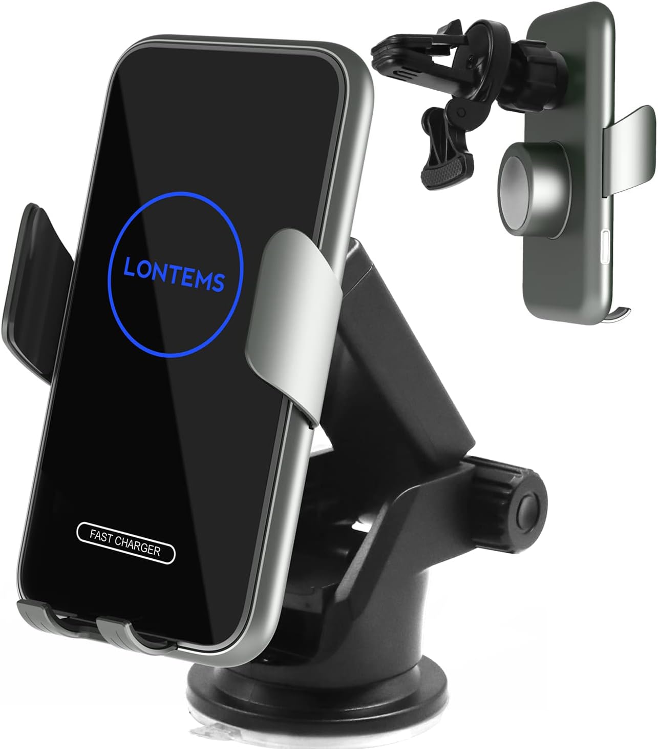 15W Car Mount Charger Qi Fast Wireless Charging Phone Mount, Windshield Dashboard Air Vent Auto Clamping Phone Holder for iPhone 11 12 13 14, 15, 16 Max Xs, Samsung S21 S22, S20, S10+ etc, Google Grey