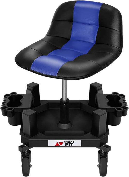 Rolling Stool with Wheels, Adjustable Shop Stool Mechanic Chair Seat Garage Shop Roller Work Chair Mobile Rolling Seat with Tool Tray, 2 Cup Holders, 4" Casters, 350 LBS, Heavy-Duty, Blue