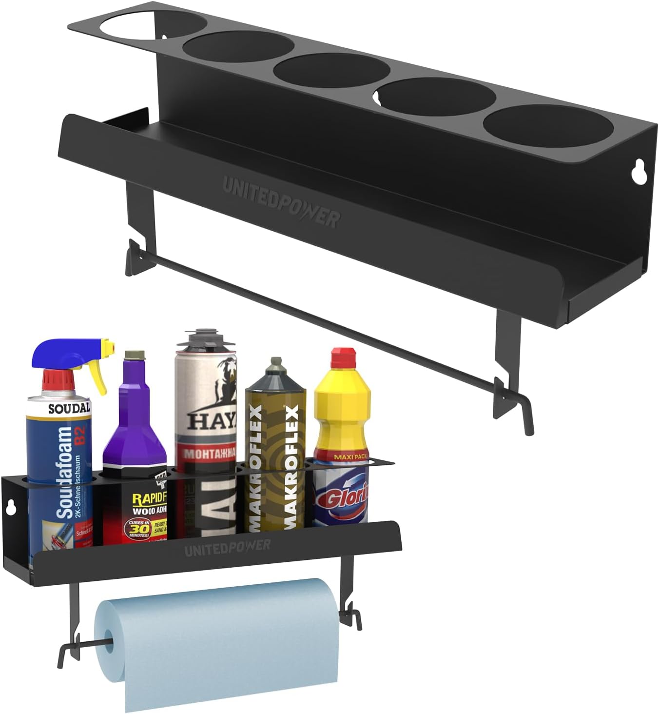 UNITEDPOWER 5 Aerosol Spray Can/Paper Towel Holder, Paint Bottle Storage Rack, Steel Wall Mount Shelf, Tool Organizer for Garage, Craft Workspace and Home