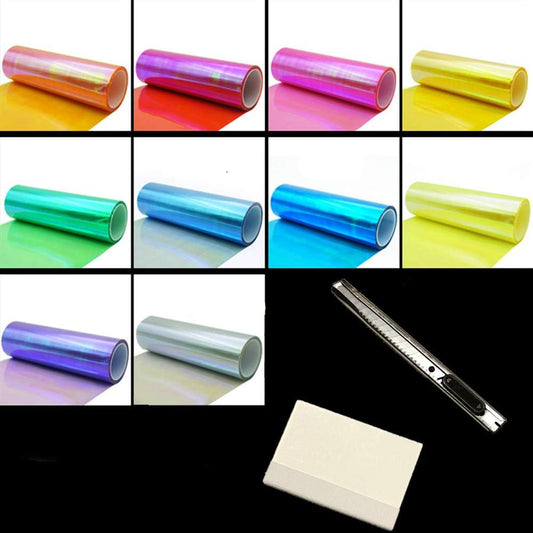 LED LIGHT 12 by 48 inches Self Adhesive Shiny Chameleon Headlights Tail Lights Fog Lights Films,Film Sheet Sticker,Tint Vinyl Film with Gift Knife and Hand Tool (Dark Black)