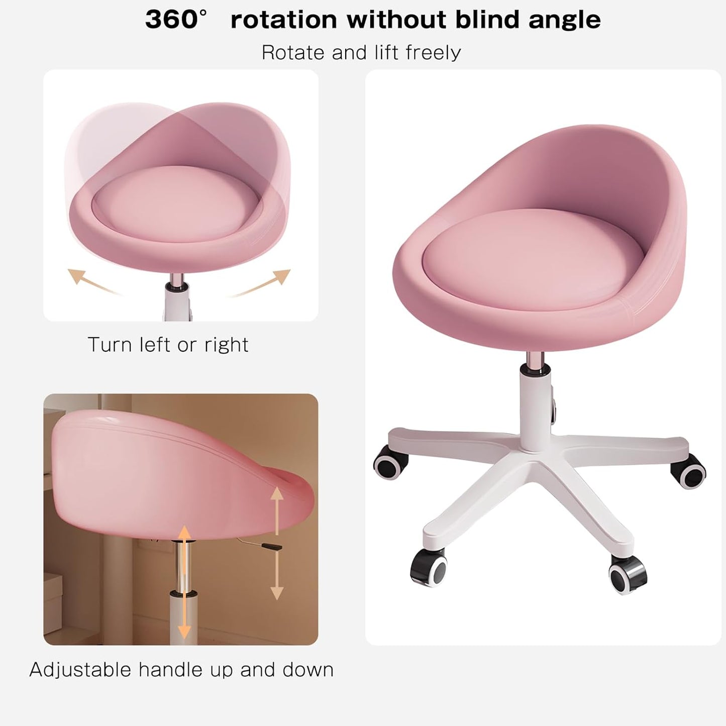 Rolling Stool Set of 4 Rolling Hydraulic Salon Stool with Low Backrest - Adjustable Swivel Chair for SPA, Shop, Salon, Massage, or Medical Office Pink