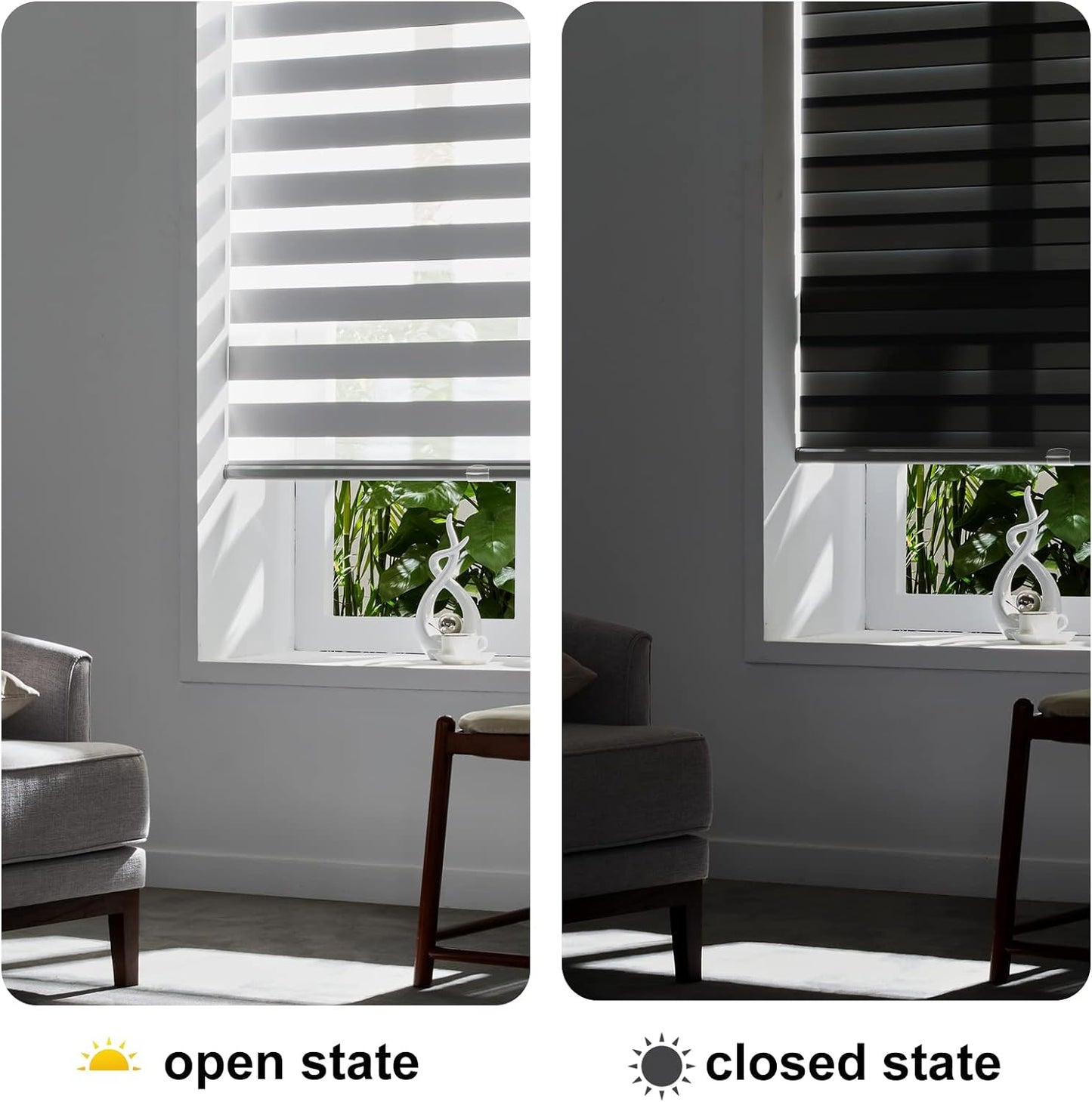 Persilux Cordless Zebra Blinds for Windows (59" W X 47" H, Grey) Free-Stop Dual Layer Roller Windows Shades for Day and Night, Light Filtering Sheer Shades for Home, Easy to Install