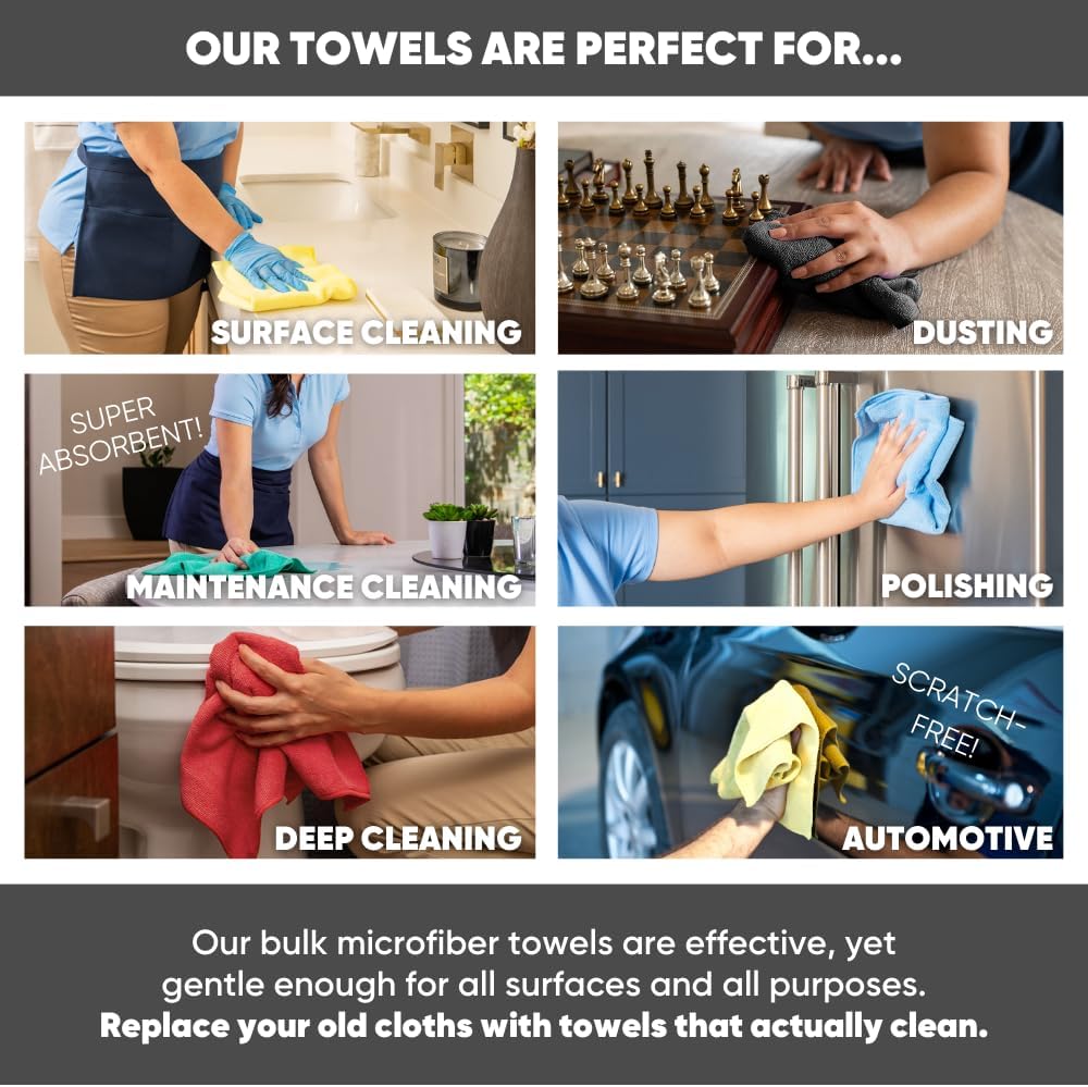 Bulk 16" x 16" All Purpose Microfiber Towels Wholesale - Case Quantity (200 Count) | Large | No Fraying | High Density Microfiber | Zero Chemical Cleaner | Long-Lasting (Black)