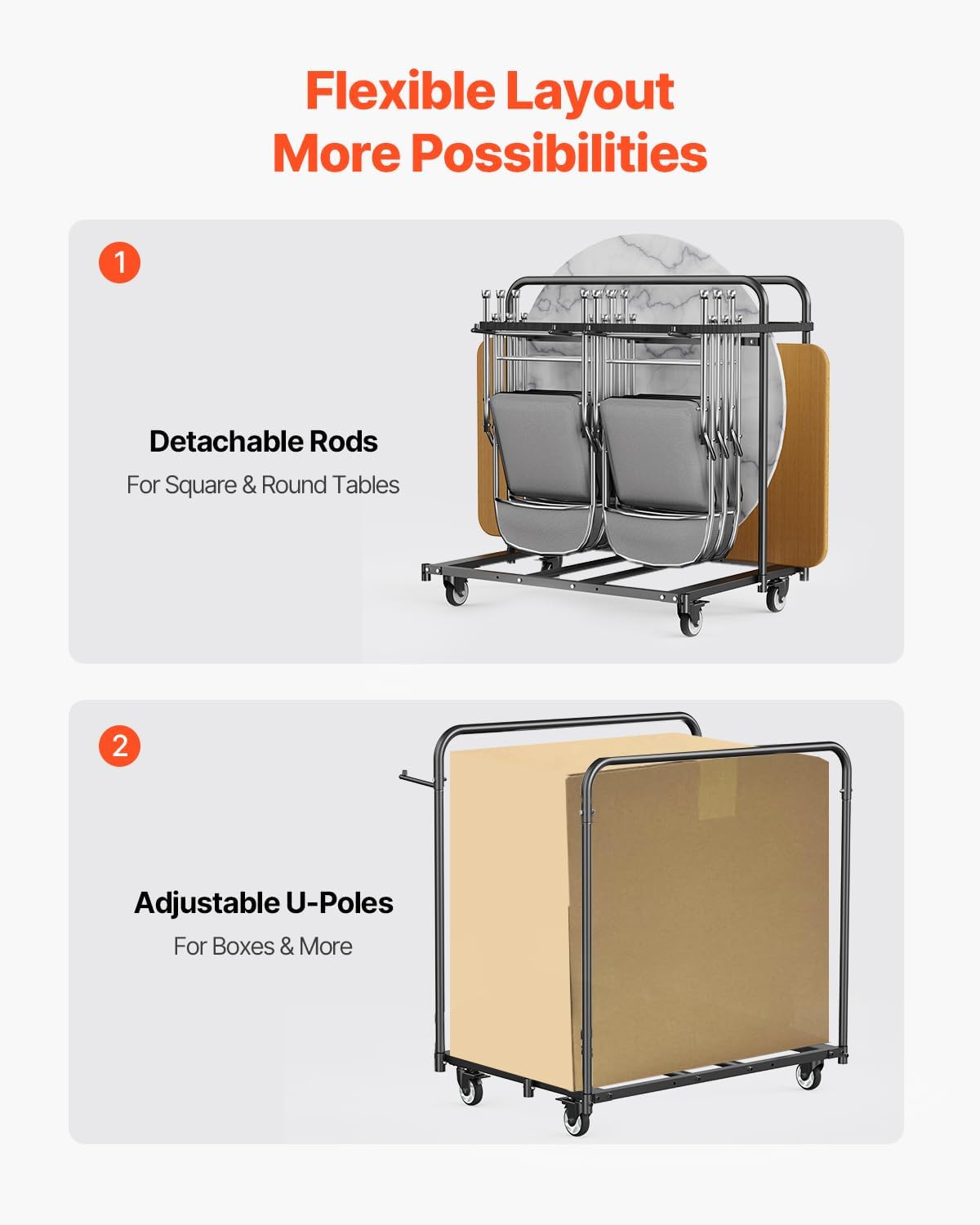 VEVOR Folding Chair Rack, 400 LBS Capacity, Heavy-Duty Chair Cart for 5 Tables+14 Chairs, Chair Storage Dolly Chair Holder w/Swivel Casters and Locking Wheels,for Party Event,Hotel, Matte Black
