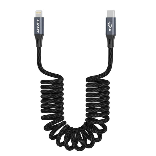 AGVEE 2 Pack 3ft Coiled Short USB-C to Lightning Charging Cable [MFI Certified] 30W PD Fast Charger Cord in Car for iPhone 14/13/12/11/XS/8/7/6/5 CarPlay, iPad, iPod, Dark Gray