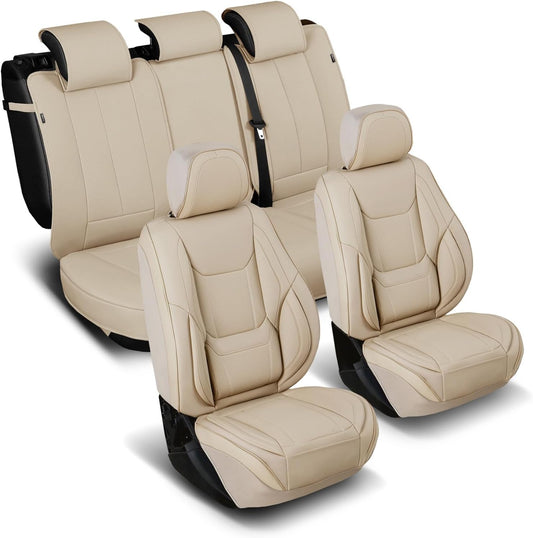 Coverland Custom Car Seat Covers Compatible with Sierra 1500 2500HD, Silverado 1500 - Premium Leather Non-Slip Memory Foam Waterproof Interior Protector Full Set-Beige [See Size Chart-Size X108]