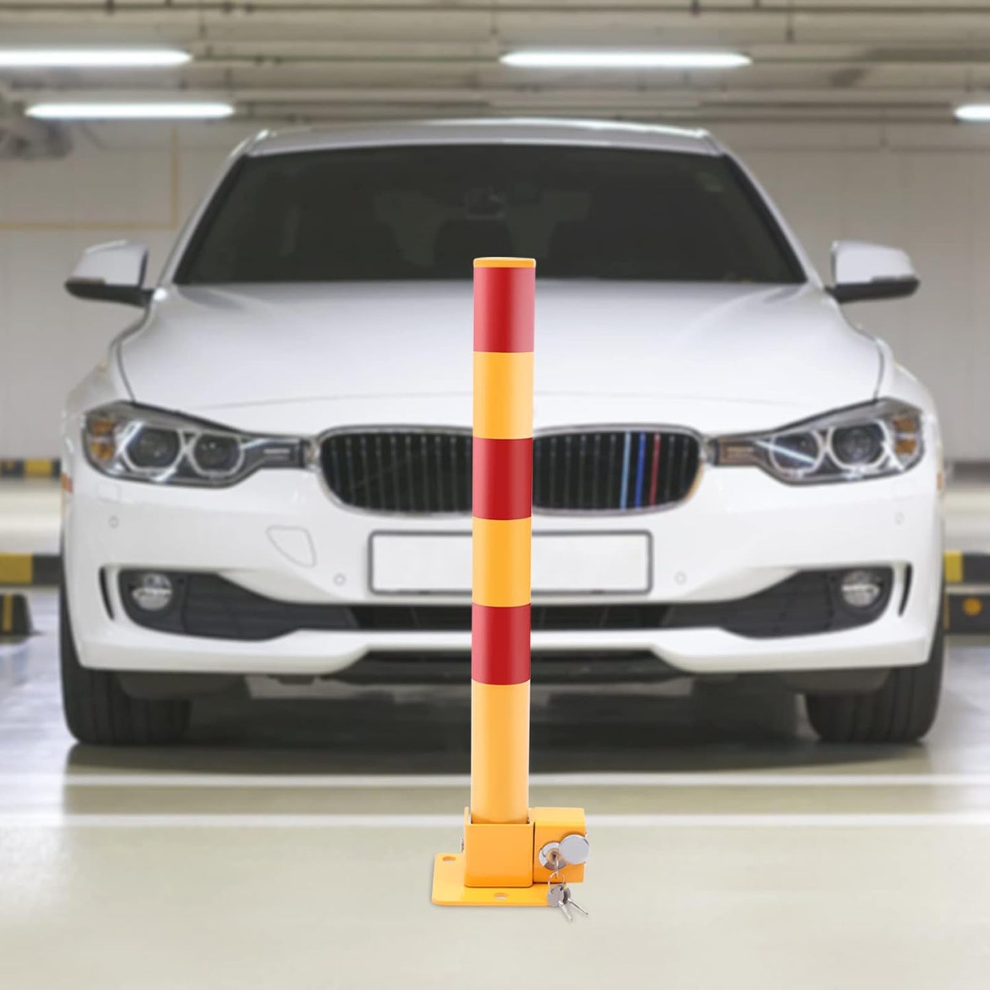 Parking Post and Base With Lock, Parking Barrier Post Parking Blocker Driveway Blocker 23.6 Inch Parking Lock Personal Garage Driveway Barrier Safety Parking Barrier Traffic Pole, Yellow + Red