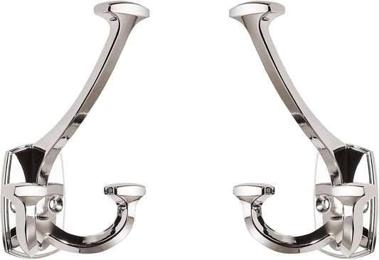 Large Wall Double-Sided Hook 5 Pack Polished Nickel Hook Decorative Heavy Duty Solid Large Coat Hooks for Towel Hanging Coats Robe Towel Bags Door Back 2 Prong Hooks