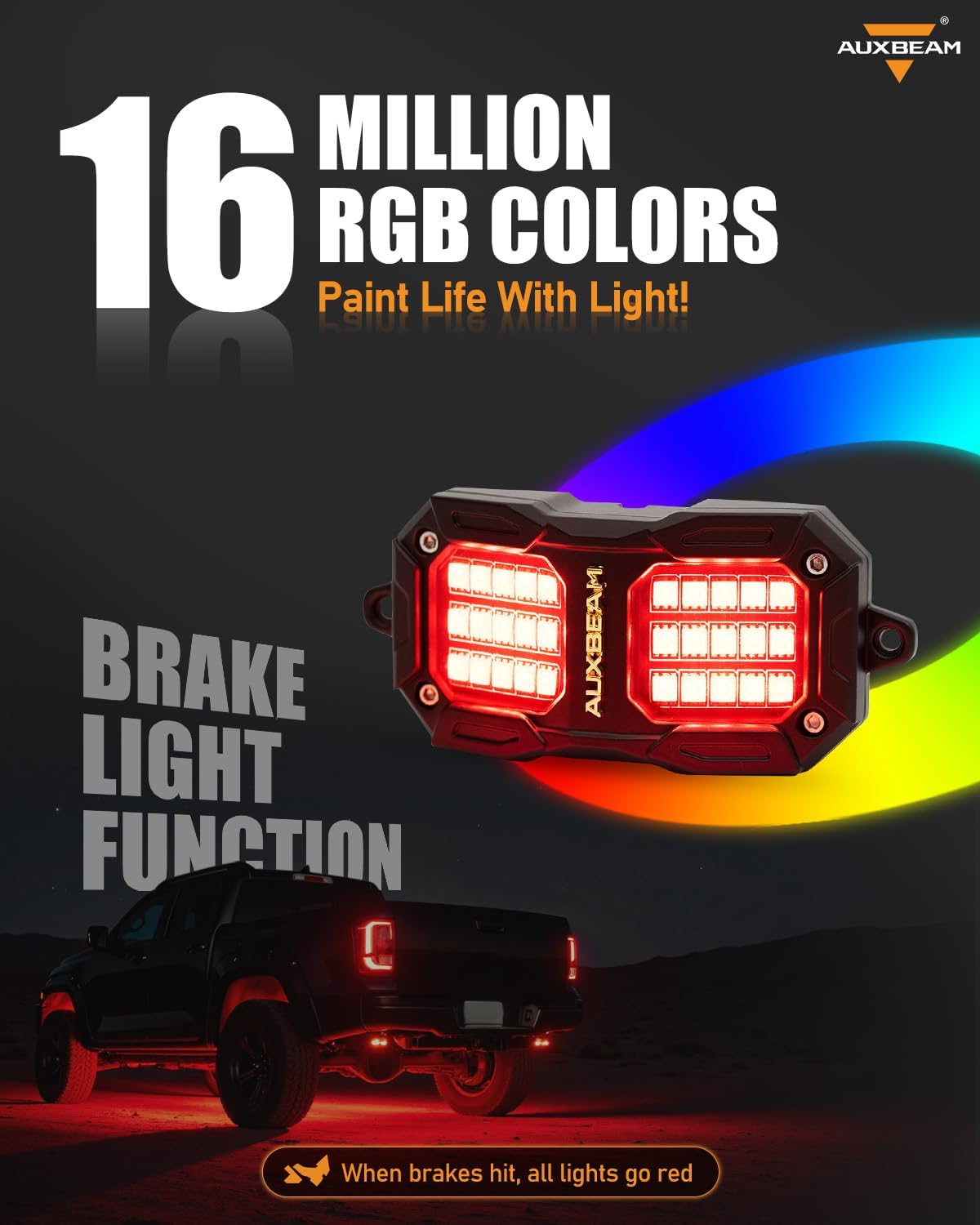 Auxbeam 2-Pod Dynamic Color Changing RGB LED Rock Lights for Trucks UTV ATV Boat Waterproof, Bluetooth&Remote Control Wheel Well Lights w/Brake Mode, 1 Year Warranty, (No Controller)