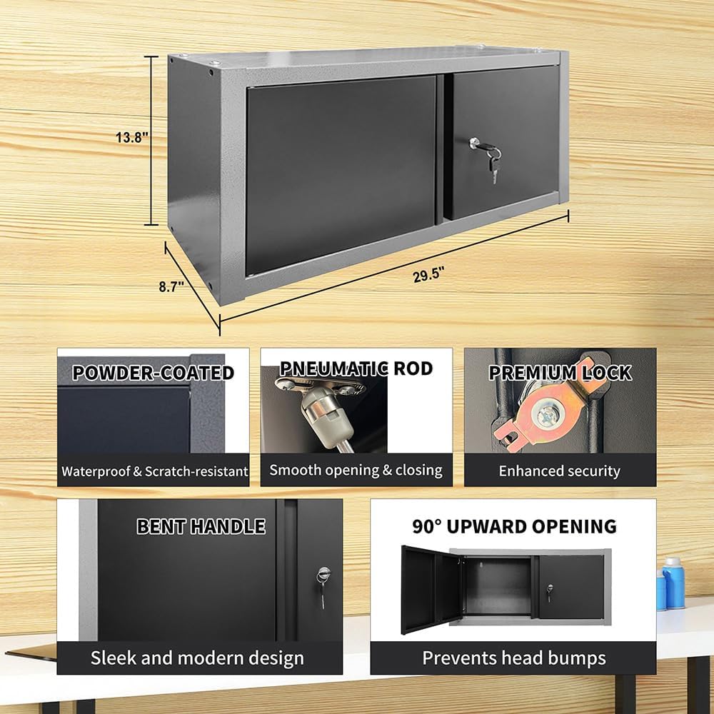 Steel Garage Workbench with Storage and Cabinets, Tool Organization, for Utility Room Workshop, Black and Grey